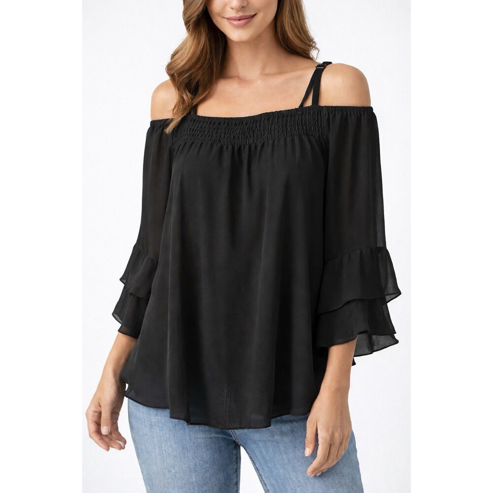 Sioni Womens Medium Black Off Shoulder Top Sheer Ruffle Flowy Sleeve Boho Blouse